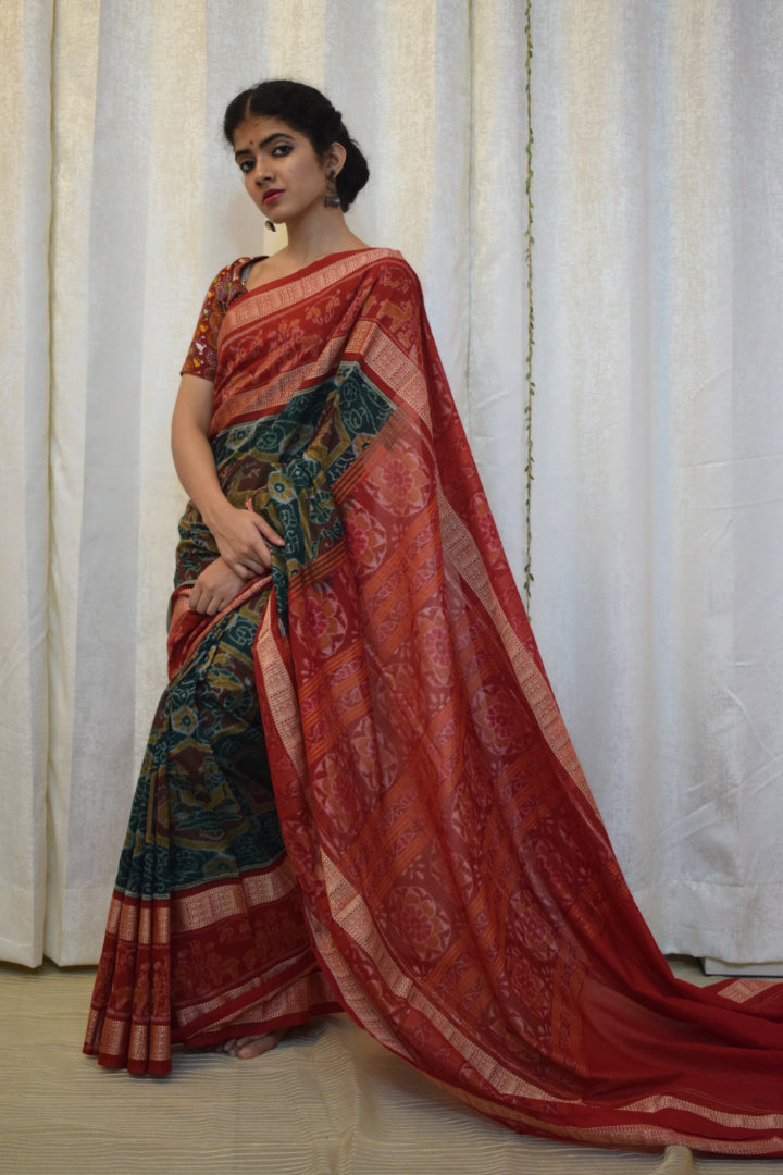 Triyambika: Red & Green Cotton Sambalpuri Ikat Saree