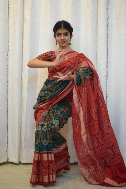 Triyambika: Red & Green Cotton Sambalpuri Ikat Saree