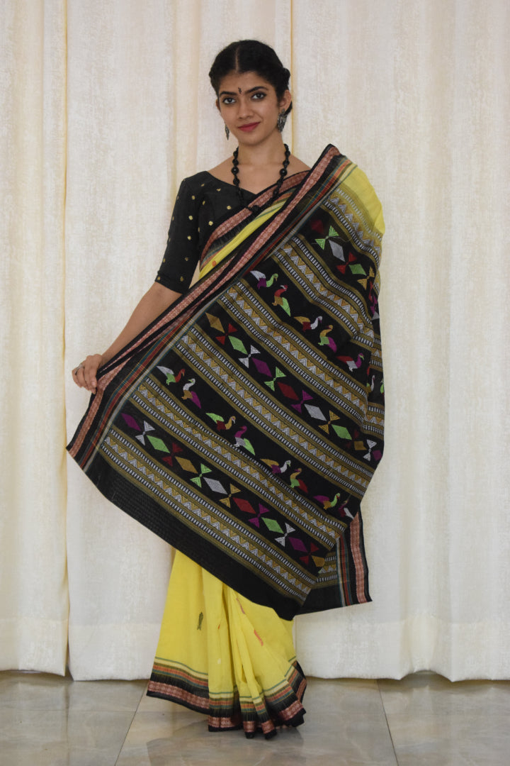 Aarunya: Yellow & Black Ganjam Bomkai cotton saree