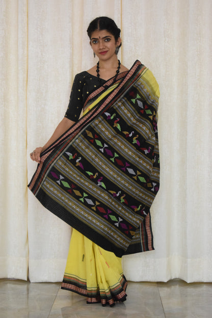 Aarunya: Yellow & Black Ganjam Bomkai cotton saree