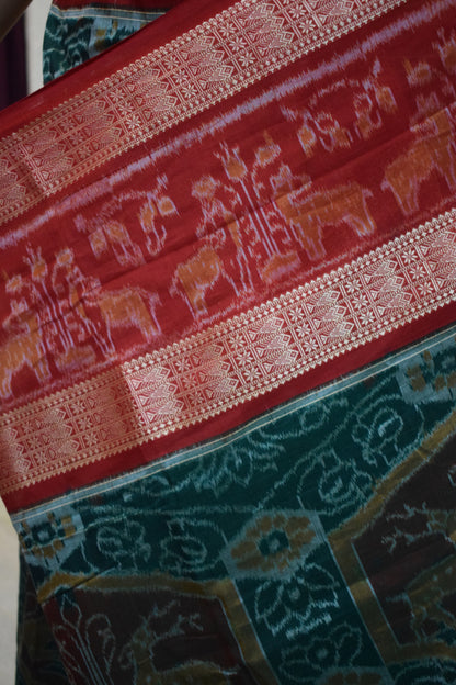 Triyambika: Red & Green Cotton Sambalpuri Ikat Saree