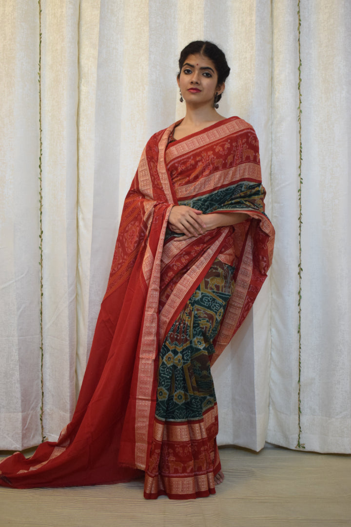 Triyambika: Red & Green Cotton Sambalpuri Ikat Saree