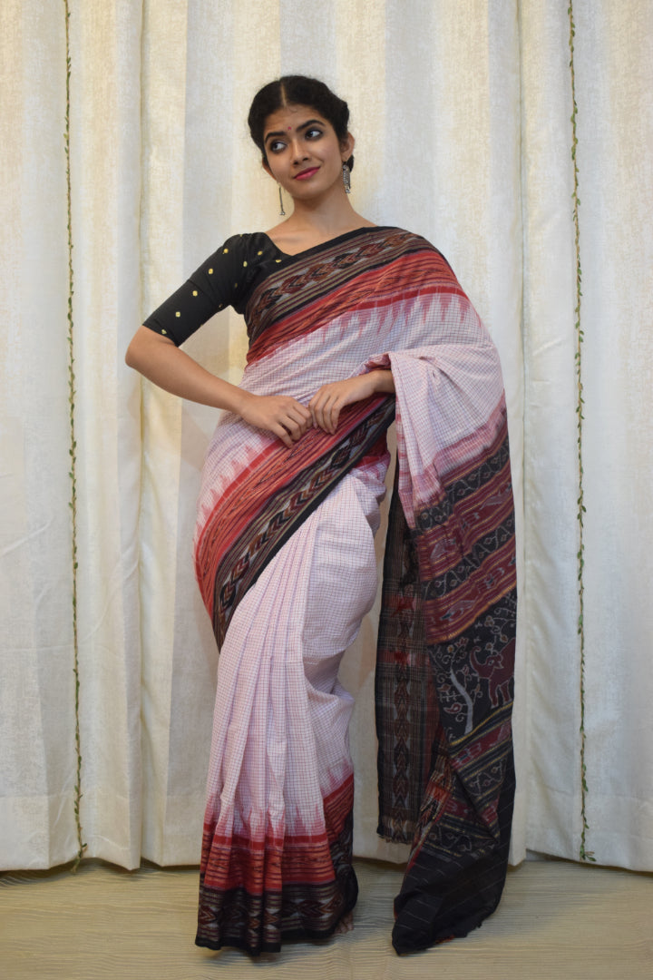 Shubratha: White & Red Khandua Sachipar cotton saree