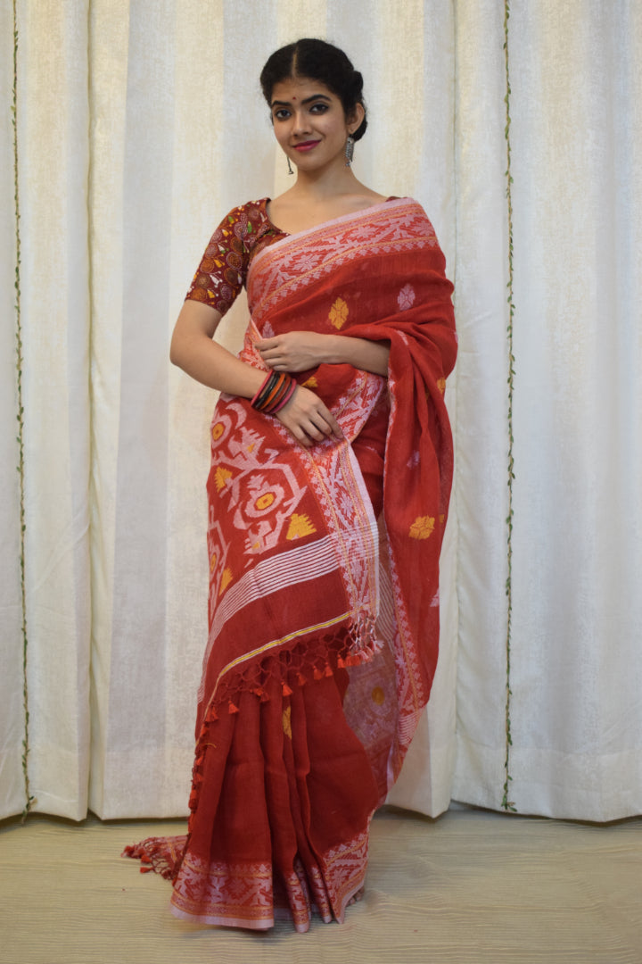 Ahalya: Brick Red Linen Jamdani Saree