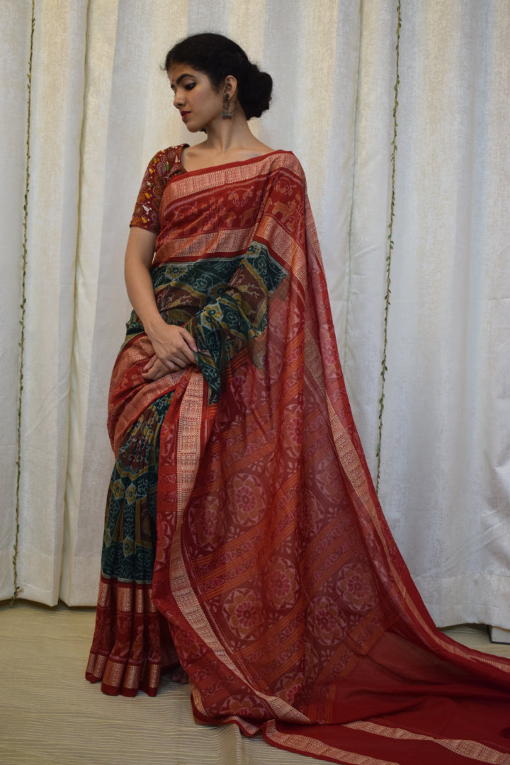 Triyambika: Red & Green Cotton Sambalpuri Ikat Saree