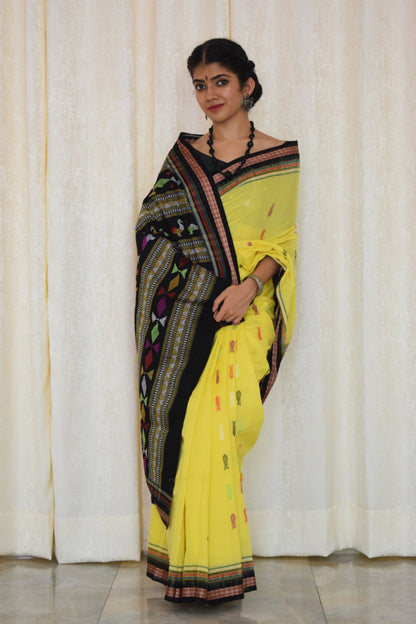 Aarunya: Yellow & Black Ganjam Bomkai cotton saree