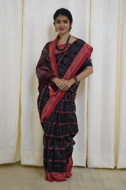 Anandi: Black & Red Sambalpuri Nabakothi cotton saree