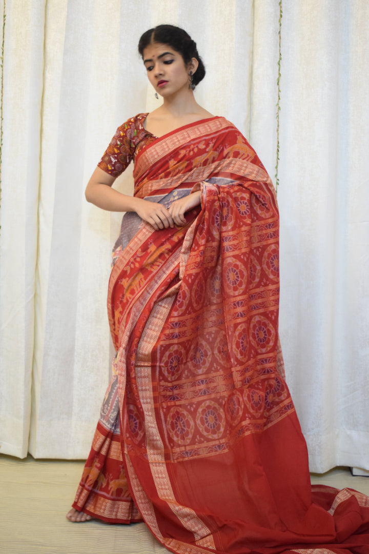 Parthavi: Purple Grey & Red Cotton Sambalpuri Ikat Saree