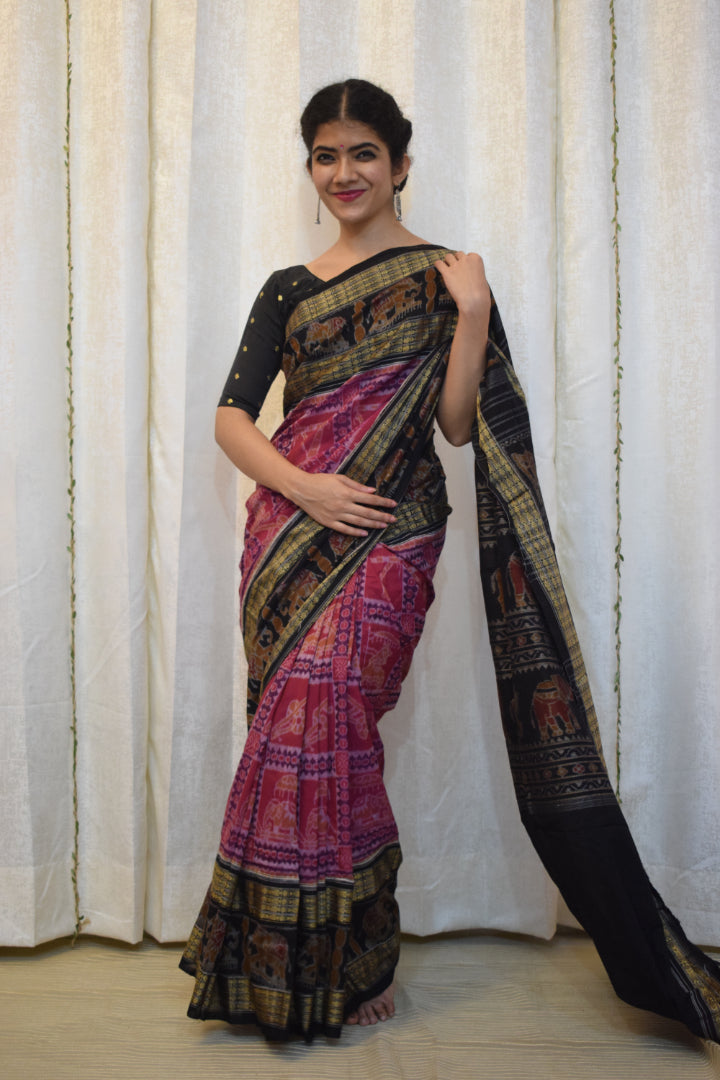 Shubhana: Pink & Black Cotton Sambalpuri Ikat Saree