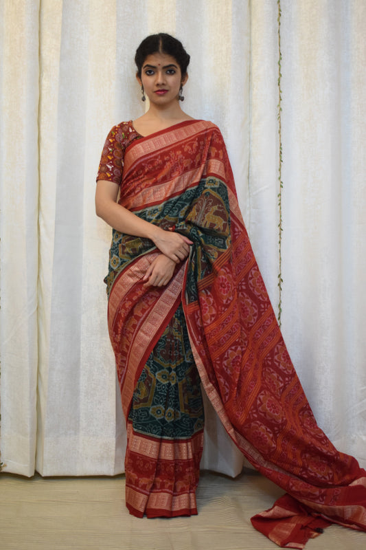 Triyambika: Red & Green Cotton Sambalpuri Ikat Saree