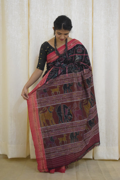 Anandi: Black & Red Sambalpuri Nabakothi cotton saree