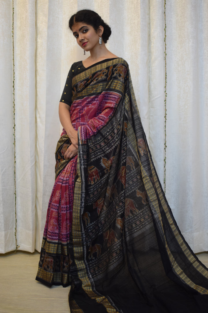 Shubhana: Pink & Black Cotton Sambalpuri Ikat Saree