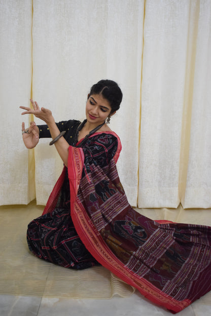 Anandi: Black & Red Sambalpuri Nabakothi cotton saree