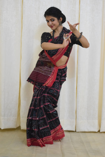 Anandi: Black & Red Sambalpuri Nabakothi cotton saree