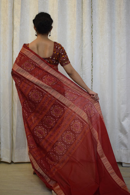 Triyambika: Red & Green Cotton Sambalpuri Ikat Saree