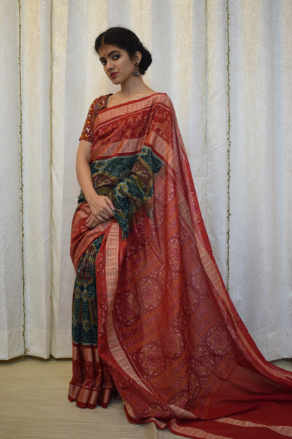 Triyambika: Red & Green Cotton Sambalpuri Ikat Saree