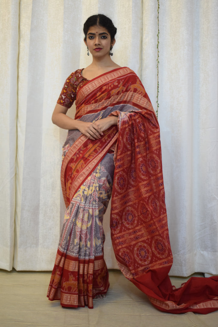 Parthavi: Purple Grey & Red Cotton Sambalpuri Ikat Saree