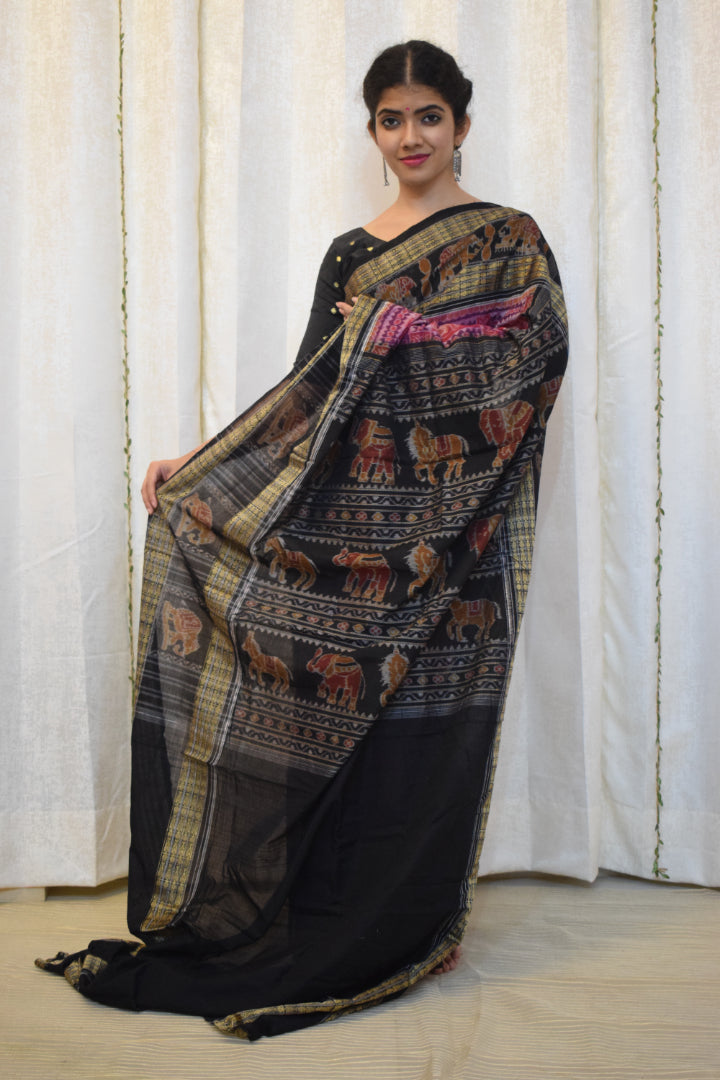 Shubhana: Pink & Black Cotton Sambalpuri Ikat Saree