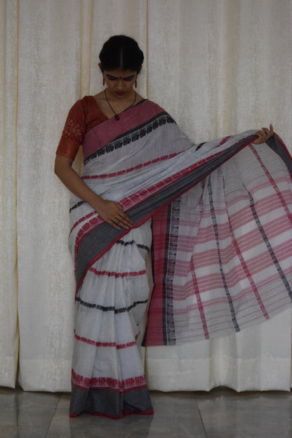 Ibha: White and red elephant motif Dhaniakhali saree