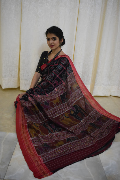 Anandi: Black & Red Sambalpuri Nabakothi cotton saree