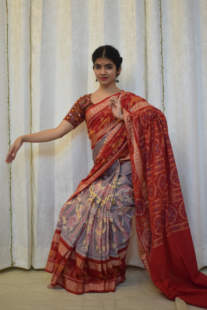 Parthavi: Purple Grey & Red Cotton Sambalpuri Ikat Saree