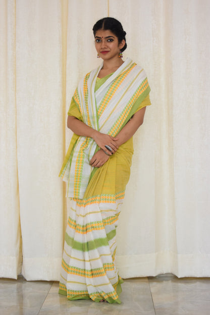 Namasya: Pale yellow, white & green Dhaniakhali saree