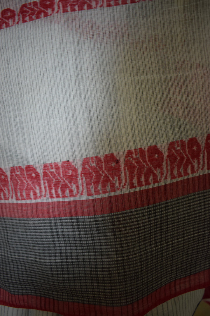 Ibha: White and red elephant motif Dhaniakhali saree