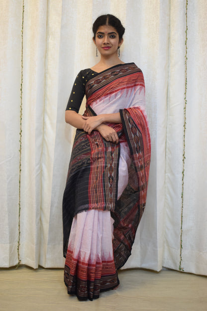 Shubratha: White & Red Khandua Sachipar cotton saree