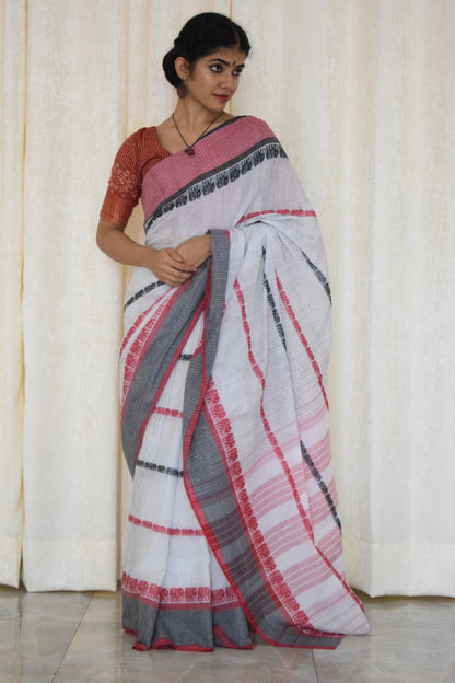 Ibha: White and red elephant motif Dhaniakhali saree