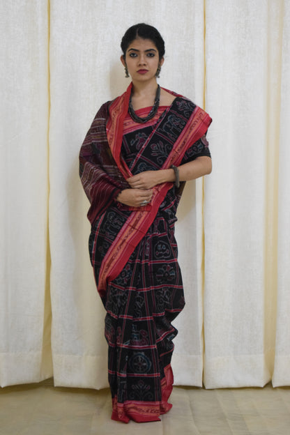 Anandi: Black & Red Sambalpuri Nabakothi cotton saree