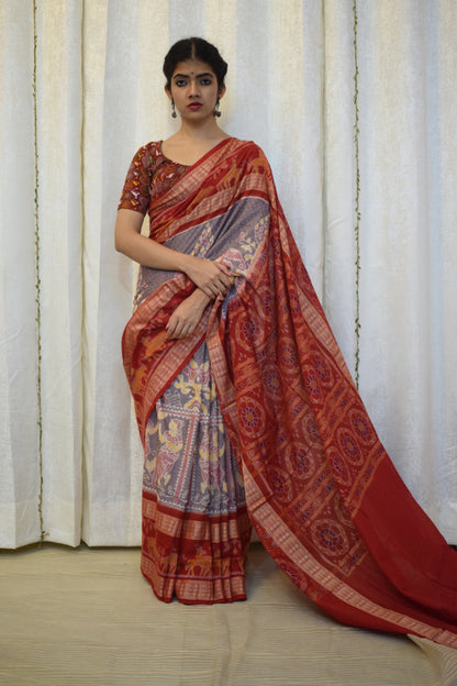 Parthavi: Purple Grey & Red Cotton Sambalpuri Ikat Saree