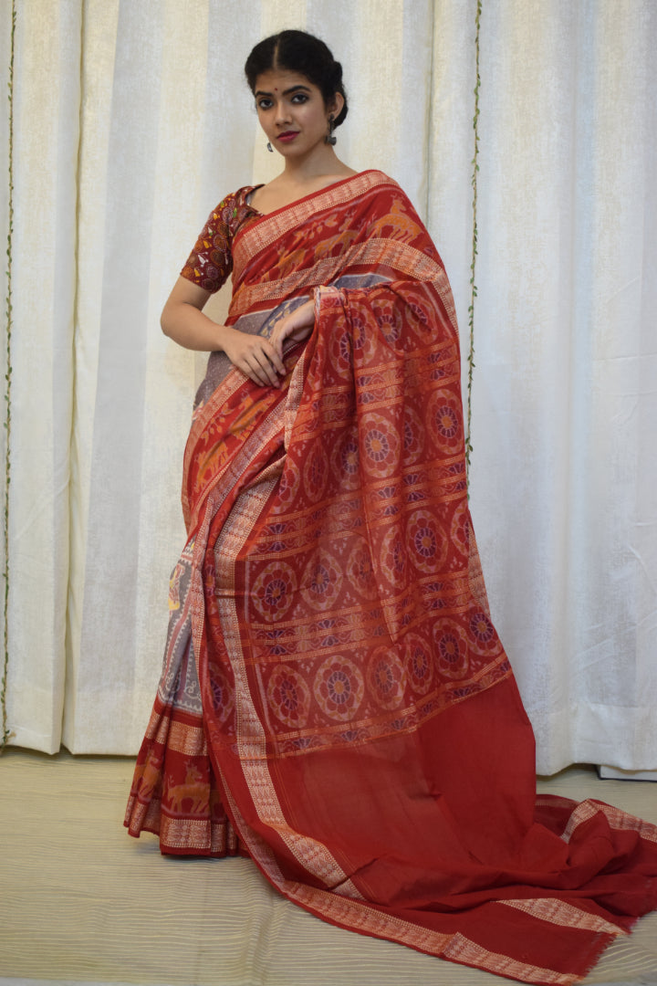 Parthavi: Purple Grey & Red Cotton Sambalpuri Ikat Saree