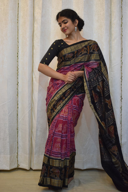 Shubhana: Pink & Black Cotton Sambalpuri Ikat Saree