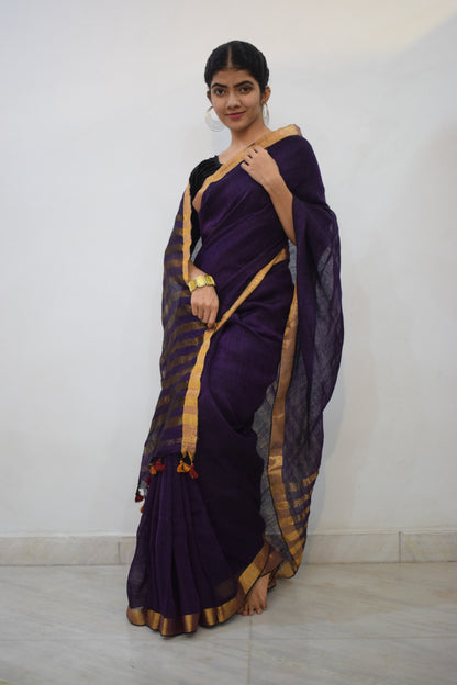 Rātrika - Purple Linen Zari Saree