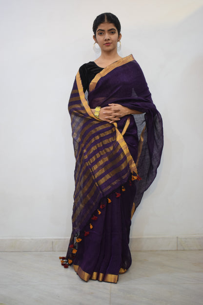 Rātrika - Purple Linen Zari Saree