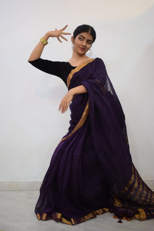 Rātrika - Purple Linen Zari Saree