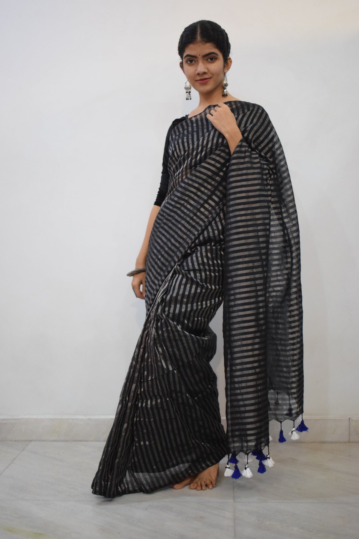 Ojaswini - Black Cotton-Zari Stripes Saree