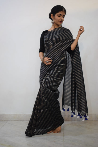 Ojaswini - Black Cotton-Zari Stripes Saree