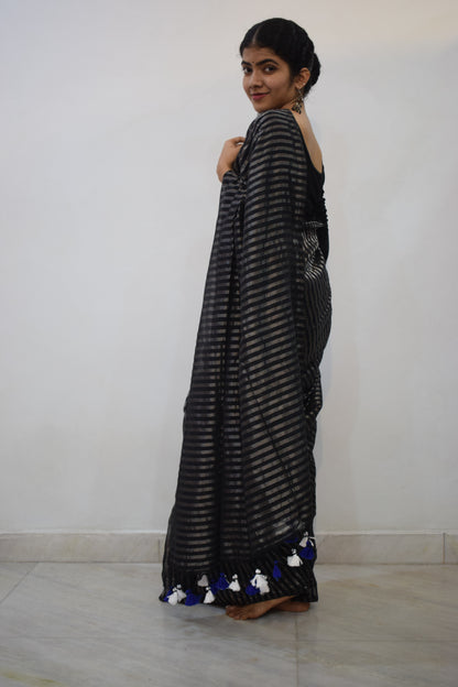 Ojaswini - Black Cotton-Zari Stripes Saree