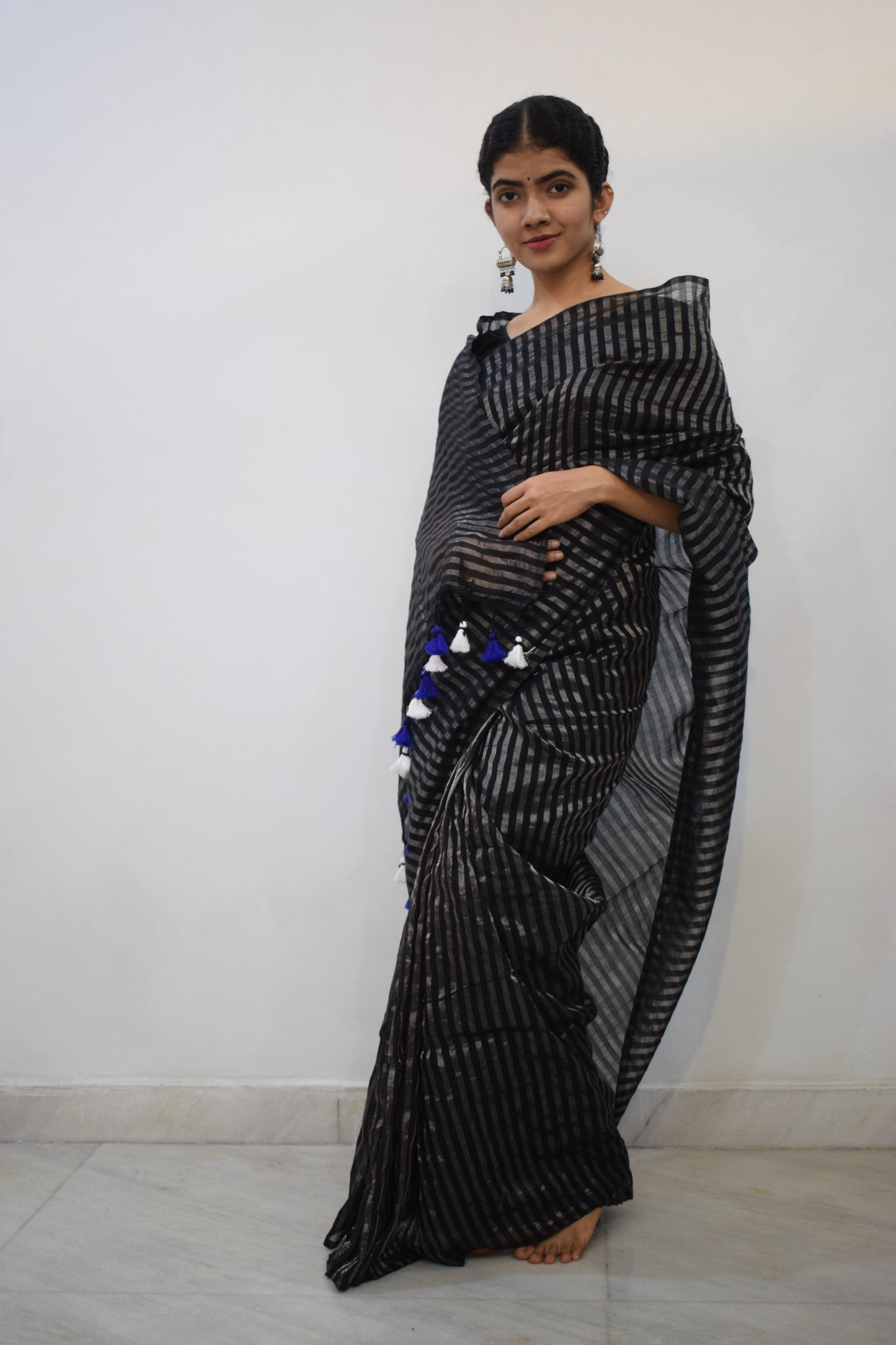 Ojaswini - Black Cotton-Zari Stripes Saree