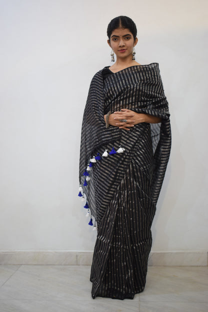 Ojaswini - Black Cotton-Zari Stripes Saree