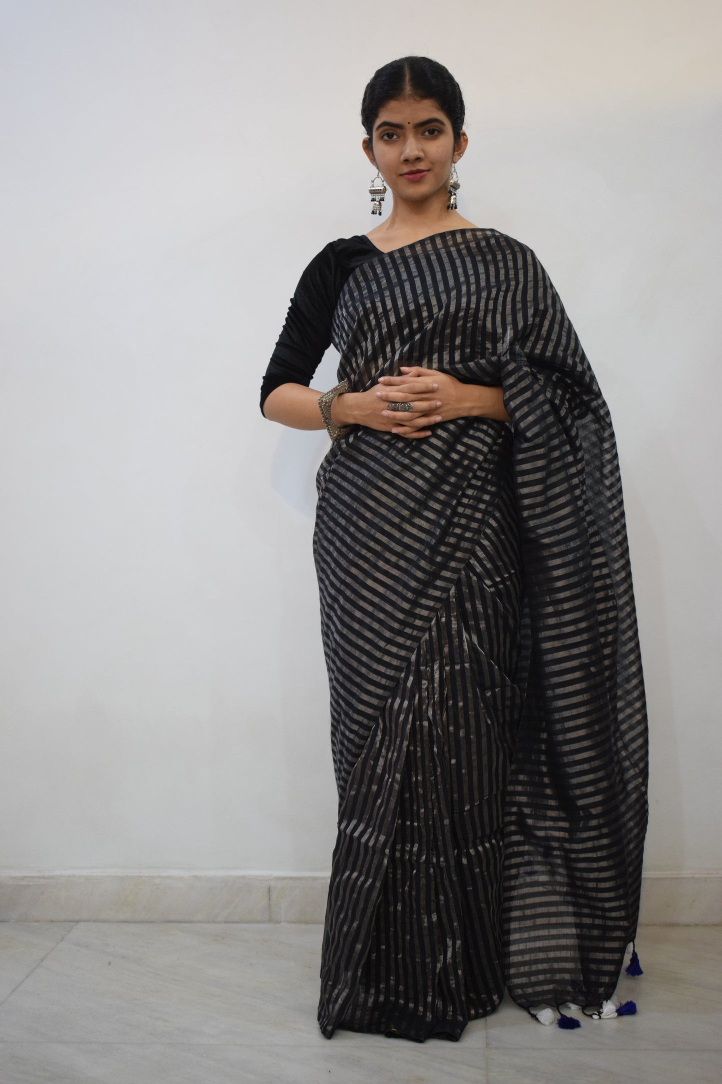 Ojaswini - Black Cotton-Zari Stripes Saree