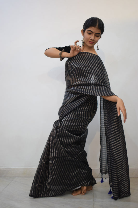 Ojaswini - Black Cotton-Zari Stripes Saree