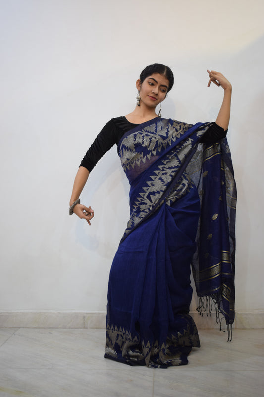 Chāndni- Blue Linen Jamdani Saree