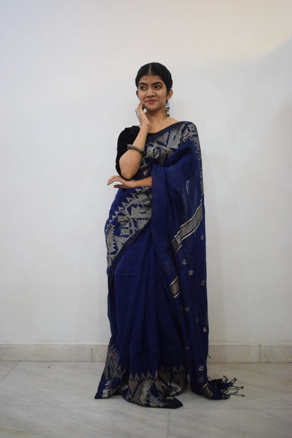 Chāndni- Blue Linen Jamdani Saree