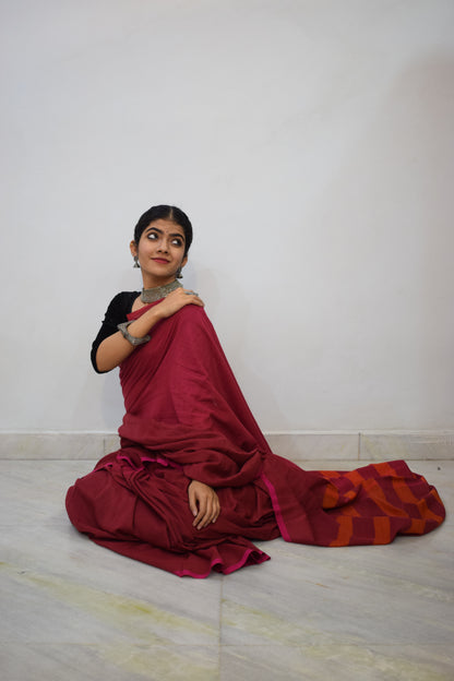 Bhavāni- Maroon Mulmul Saree