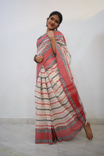 Rudrakshi- White & Red Dhaniakhali Cotton Saree