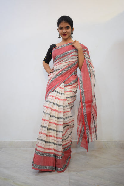 Rudrakshi- White & Red Dhaniakhali Cotton Saree