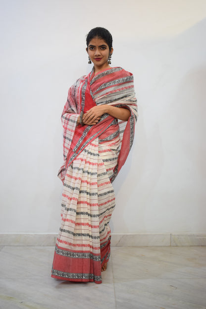 Rudrakshi- White & Red Dhaniakhali Cotton Saree