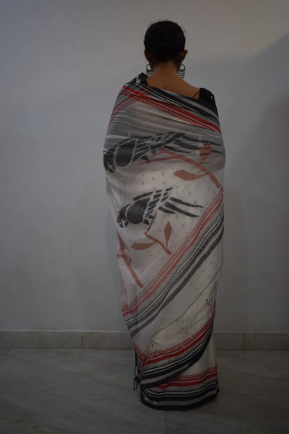 Keeraha - White & Red Cotton Jamdani Saree